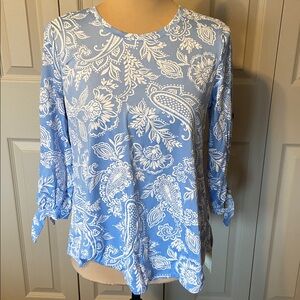 Ruby Rd. Blue Jacobean Paisley Puff Print Top 3/4 Sleeves Women's Medium Petite